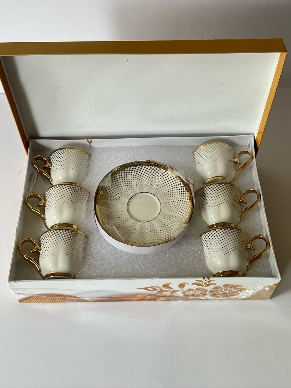 White and Gold Porcelain Espresso Cup and Saucer Set by